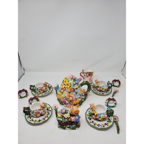 Springtime Tea Set 19pc Set New Open Box Rabbits Bunny Working Set - Picture 13 of 14